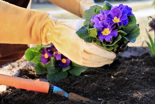Gardener wearing PPE and working safely in a residential garden